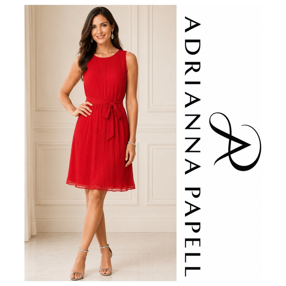 Adrianna Papell Red Pleated Chiffon Sleeveless Dress Quiet Luxury Size 6